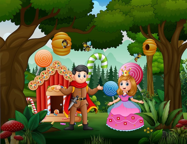 Una pareja de príncipe y princesa con casa de dulces en el bosque.