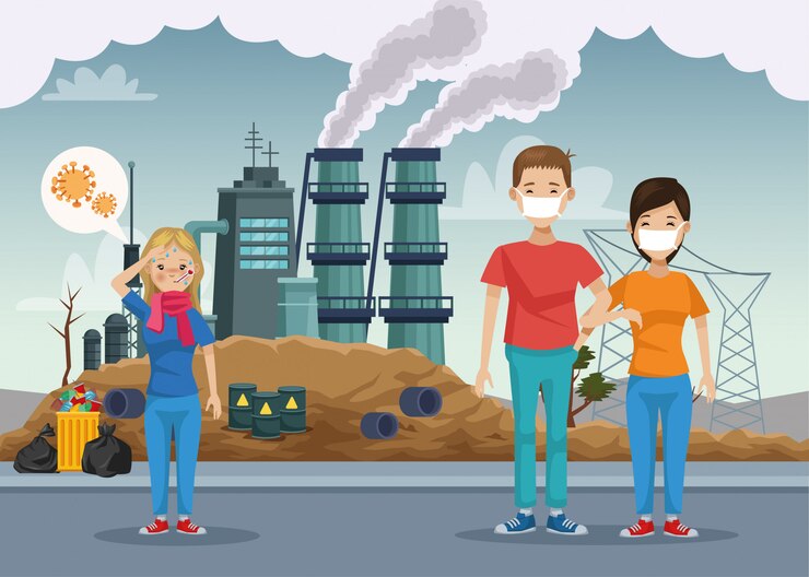 Vector pareja con protección bucal protección contra la contaminación y niña enferma