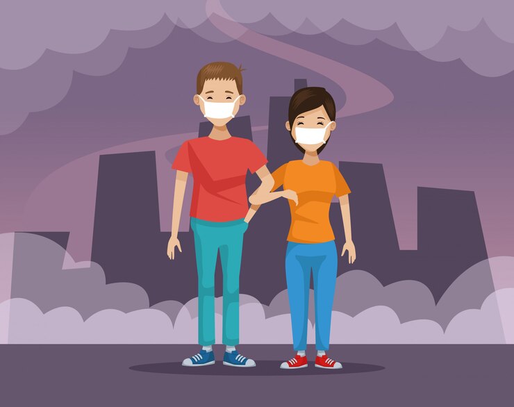 Vector pareja con protección bucal protección contra la contaminación