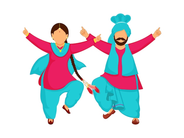 Pareja punjabi de dibujos animados haciendo danza bhangra sobre fondo blanco.