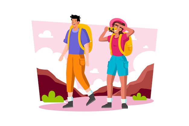 Vector una pareja que reserva un tour de aventura para tener experiencias emocionantes