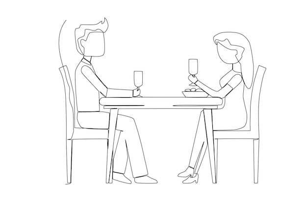 Una pareja que tiene una cena de reunión en el arte lineal de celebración de año nuevo