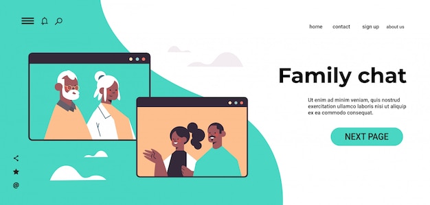 Pareja que tiene una reunión virtual con los abuelos durante la videollamada chat familiar concepto de comunicación personas afroamericanas en el navegador web ventanas retrato horizontal copia espacio ilustración