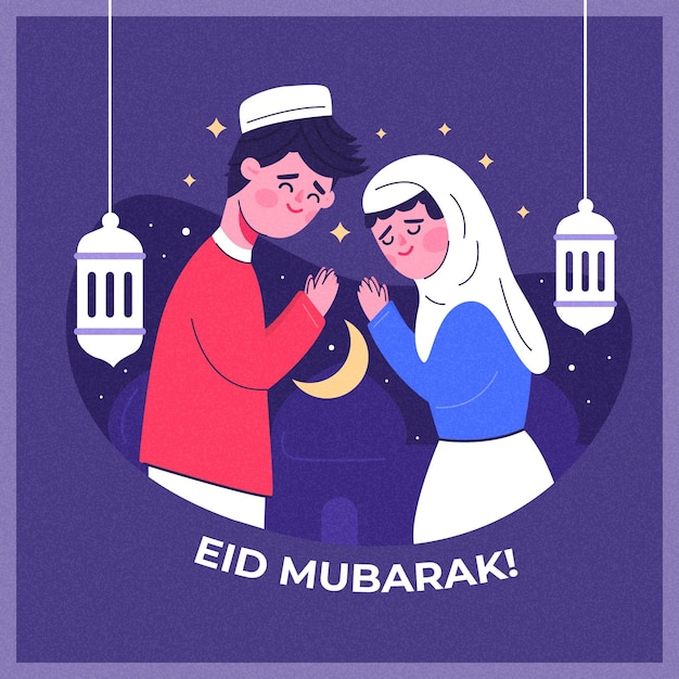 Pareja rezando diseño plano eid mubarak