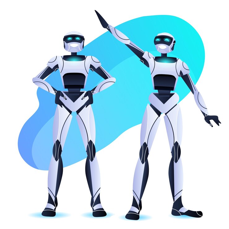 Vector pareja de robots de pie juntos equipo de personajes robóticos modernos
