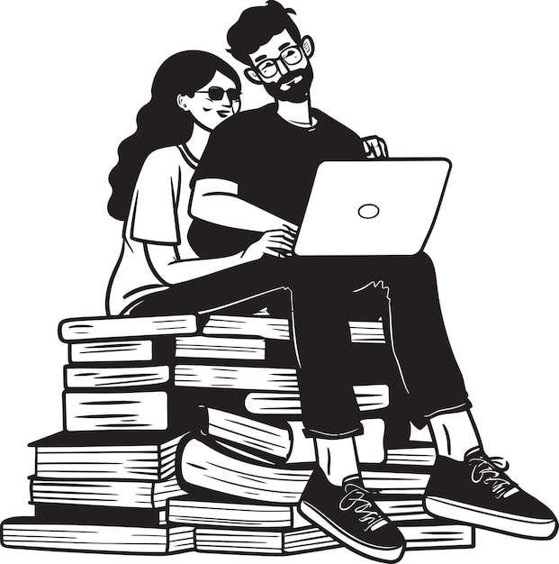 Una pareja de romance digital comprometida con una computadora portátil en libros acompañados por el logotipo de Vector Black Trabajo y Amor