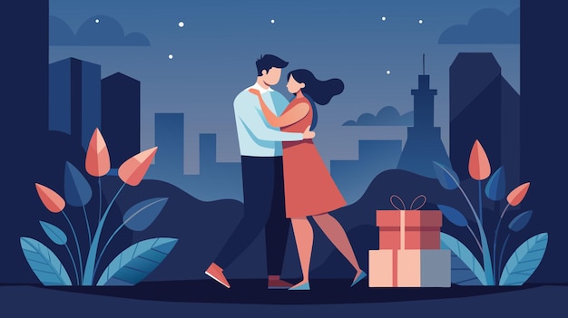 Una pareja romántica se abraza en una noche urbana con regalos