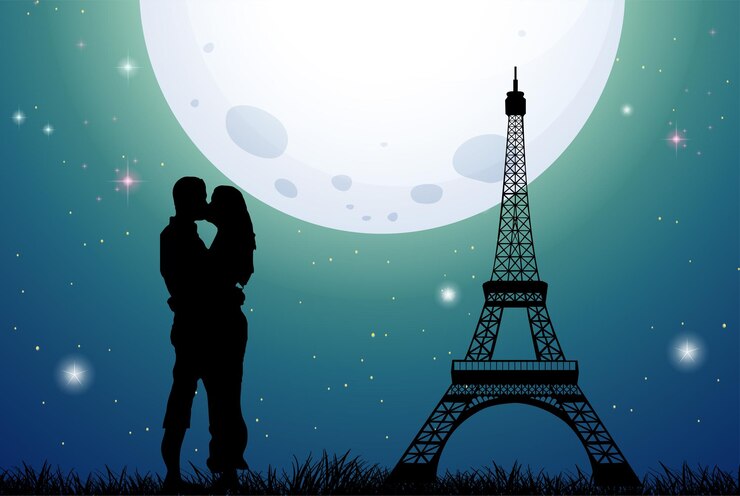 Pareja romántica besándose en el fondo del día de San Valentín torre eiffel con luna