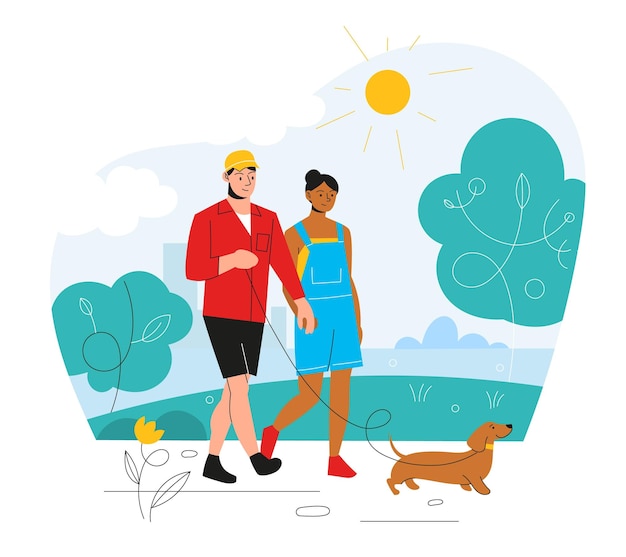 Vector pareja romántica camina feliz chico y chica caminando juntos por el parque de verano con perro actividad de ocio al aire libre pareja de amigos cogidos de la mano y mascota líder con correa concepto vectorial