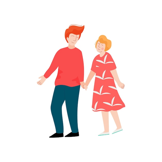 Pareja romántica caminando tomados de la mano amantes felices en la fecha ilustración vectorial sobre fondo blanco