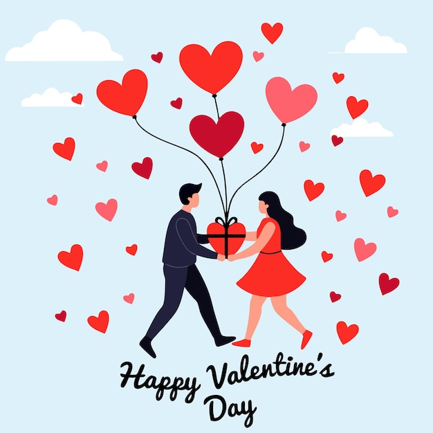 Una pareja romántica celebra el día de San Valentín con globos de corazones y regalos