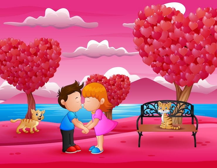 Vector pareja romántica de dibujos animados besándose en un hermoso jardín rosado
