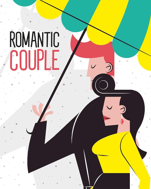 Pareja romántica bajo el diseño de paraguas, relación amorosa y tema romántico