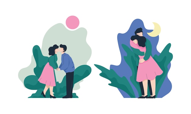 Pareja romántica feliz abrazándose y besándose el uno al otro Conjunto vectorial