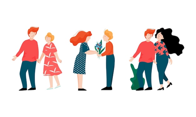 Una pareja romántica feliz caminando de la mano y dando ramos de flores.
