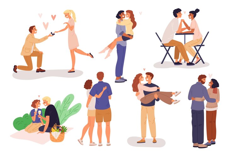 Vector pareja romántica gente linda enamorada hombres y mujeres felices saliendo pasatiempo agradable amantes relajándose juntos picnic y encuentro romántico en un café propuesta de matrimonio conjunto vectorial llamativo