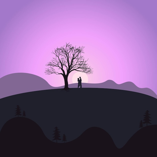 Vector pareja romántica en la ilustración de fondo vectorial del atardecer