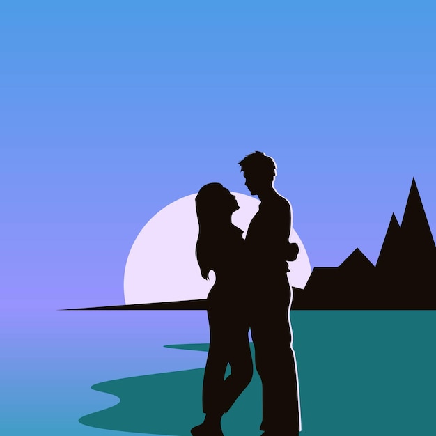 Pareja romántica en la ilustración de fondo vectorial del atardecer