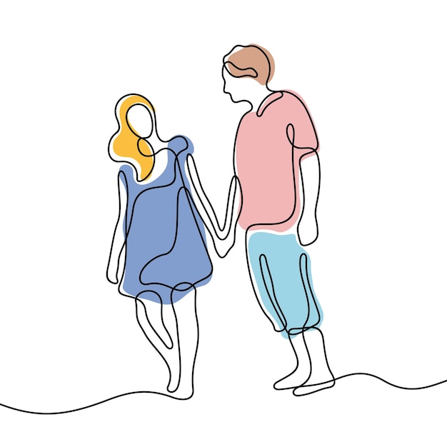 Una pareja romántica tomándose de la mano una línea continua una ilustración vectorial colorida