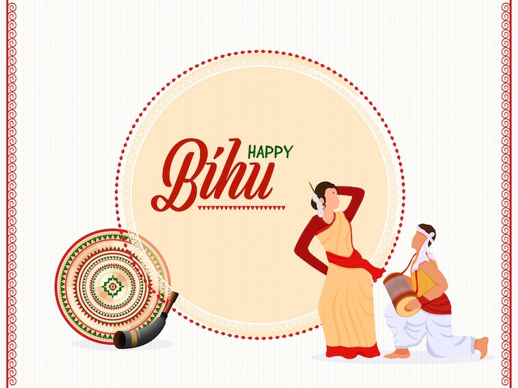 Vector pareja sin rostro asamés dando actuación en atuendo tradicional con instrumento musical sobre fondo de rayas naranja y blanco pastel para el festival happy bihu