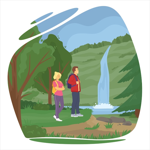 Pareja de senderismo en un bosque cerca de una cascada de estilo plano