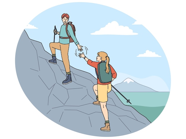Pareja de senderismo juntos en las montañas El hombre da la mano ayuda a la mujer escalando en el acantilado Actividad al aire libre y pasatiempo Ilustración vectorial