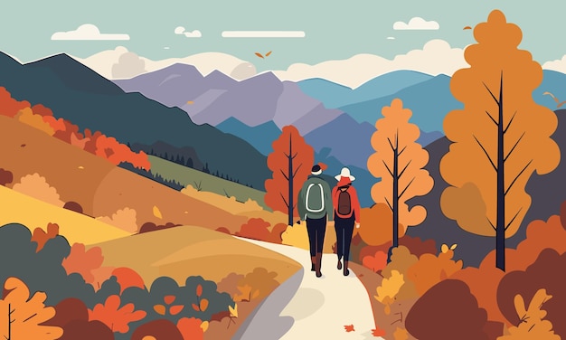 Pareja de senderismo en las montañas de otoño Paisaje otoñal en estilo plano