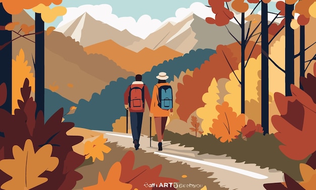 Pareja de senderismo en las montañas de otoño Paisaje otoñal en estilo plano