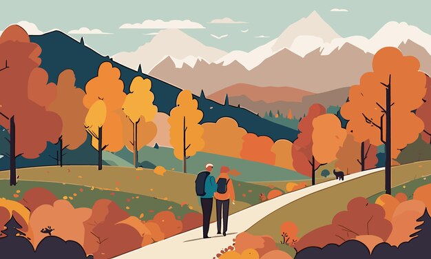 Vector pareja de senderismo en las montañas de otoño paisaje otoñal en estilo plano