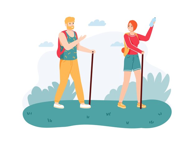 Pareja de senderismo en la naturaleza con bastones. Hombre y mujer con equipo y mochilas con viaje.