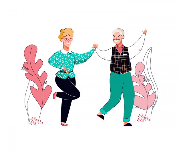 Vector pareja de senior hombre y mujer bailando, ilustración vectorial de dibujos animados aislado.