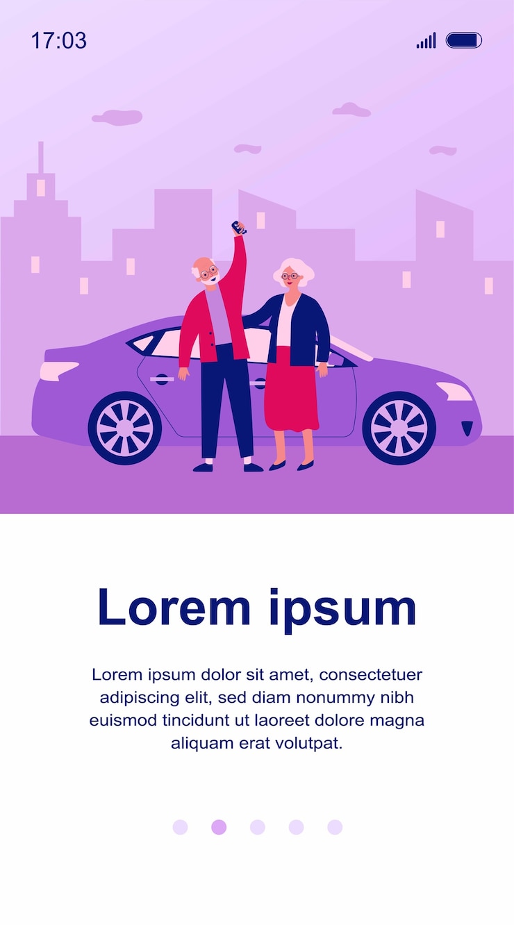 Vector pareja senior viajando en coche. anciano y mujer comprando o alquilando ilustración de automóvil. conducción, transporte urbano, concepto de coche compartido para banner, sitio web o página web de destino