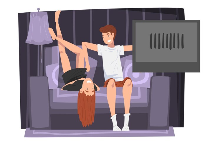 Vector pareja sentada en un cómodo sofá y viendo la televisión sonriendo joven y mujer pasando tiempo juntos en casa ilustración vectorial