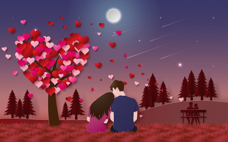 Vector pareja sentada en la hierba mirando meteorito en el parque