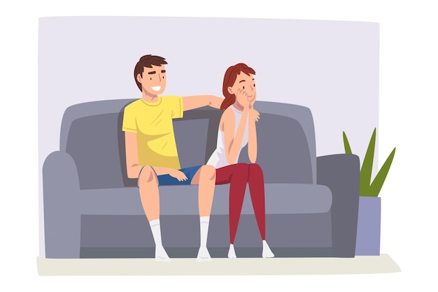 Pareja sentada juntos en un cómodo sofá personajes masculinos y femeninos lindos pasando tiempo en el interior quedándose en casa Ilustración vectorial