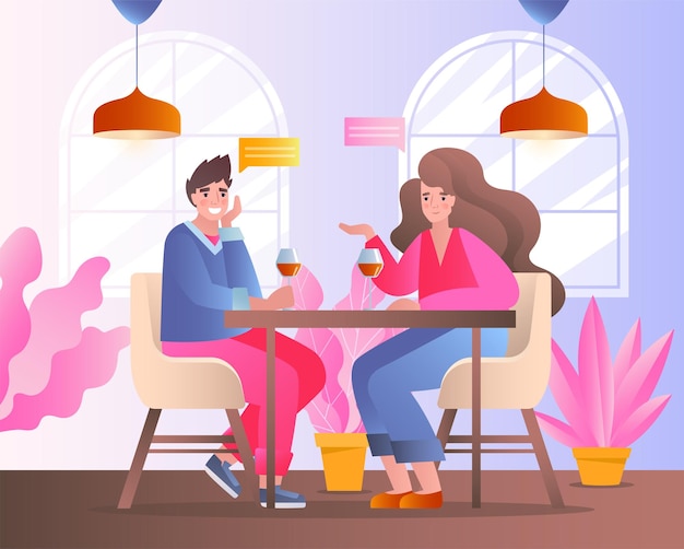 Una pareja sentada en una mesa de café con bebidas de estilo plano en un colorido concepto de fondo de citas