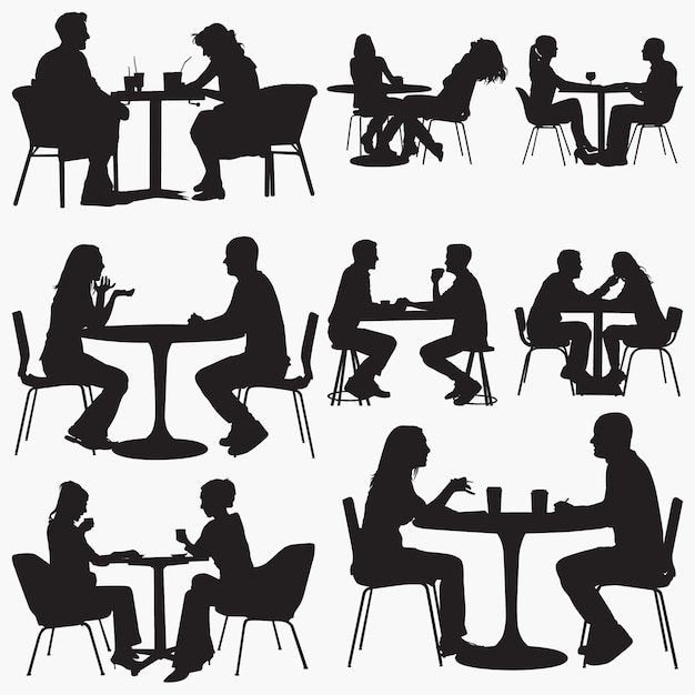 Vector pareja sentada en restaurante siluetas