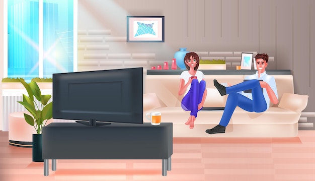 Pareja sentada en el sofá viendo la televisión y usando aparatos digitales hombre mujer pasar tiempo juntos sala de estar interior horizontal ilustración vectorial de longitud completa