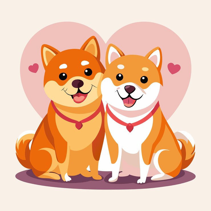 Vector una pareja de shiba inu se enamoran ilustración de icono vectorial perro y animal de amor icon concept estilo de dibujos animados plano aislado blanco adecuado para página de aterrizaje de la web banner sticker fondo
