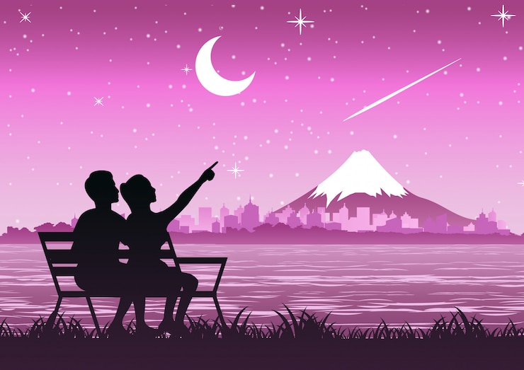 Vector pareja se sienta cerca del monte fuji para mirar estrellas