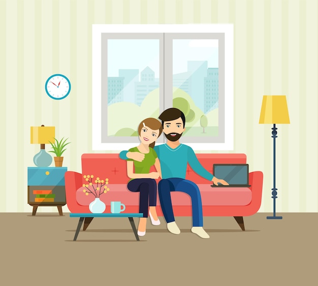 Vector pareja sonriente en casa sentado en el sofá en la sala de estar vector ilustración plana