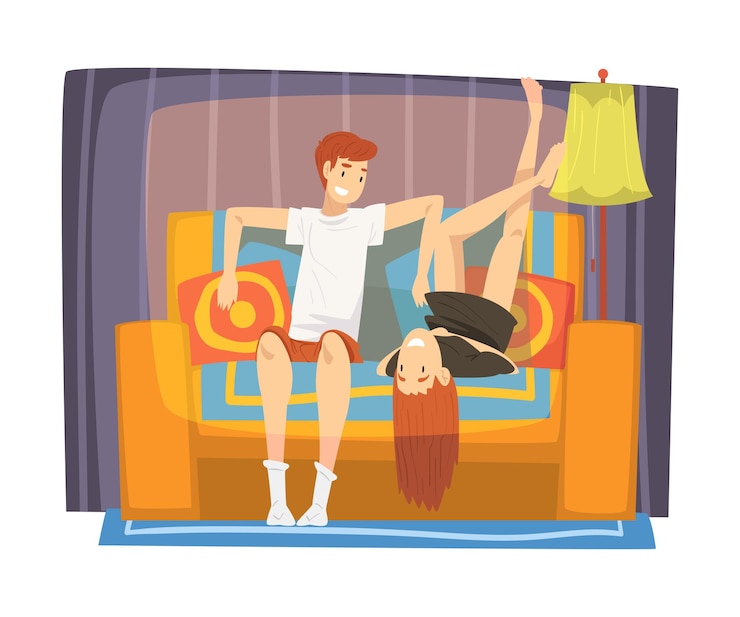Vector pareja sonriente sentada en un cómodo sofá en la sala de estar caracteres masculinos y femeninos lindos pasando tiempo juntos estando en casa ilustración vectorial