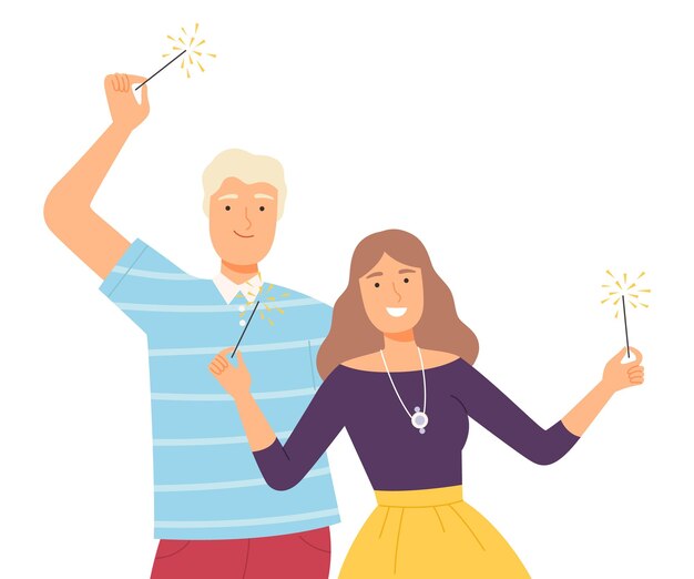 Pareja sonriente sosteniendo chispas ardientes Gente alegre celebrando un evento navideño juntos Ilustración vectorial de estilo dibujos animados