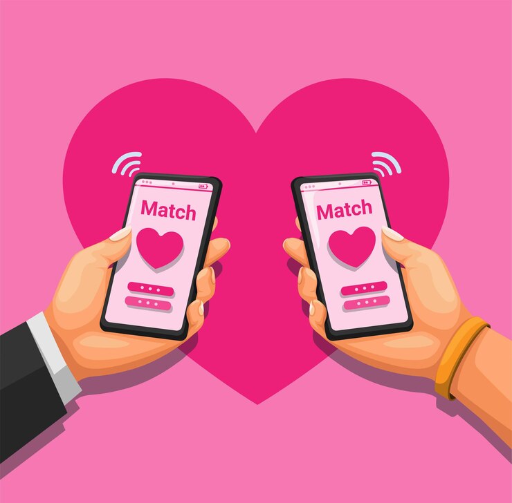 Vector pareja sosteniendo smatrtphone usando el concepto de aplicación de citas