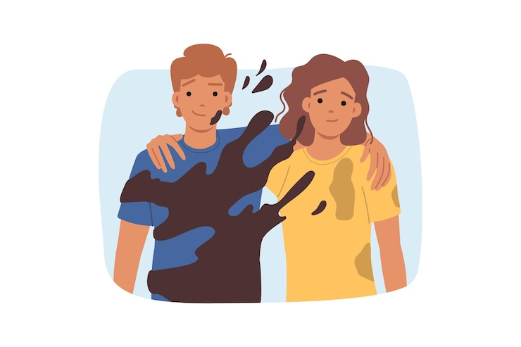 Vector una pareja sucia, un hombre y una mujer felices, como metáfora de las relaciones tóxicas y la presencia de codependencia.