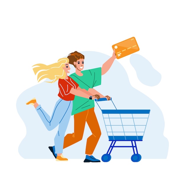 Pareja con tarjeta de crédito de compras en el mercado Vector. Hombre y mujer con tarjeta de crédito bancaria de compras en la tienda con carro de supermercado. Personajes Compradores Compradores Haciendo Compras Ilustración Dibujos Animados Plana