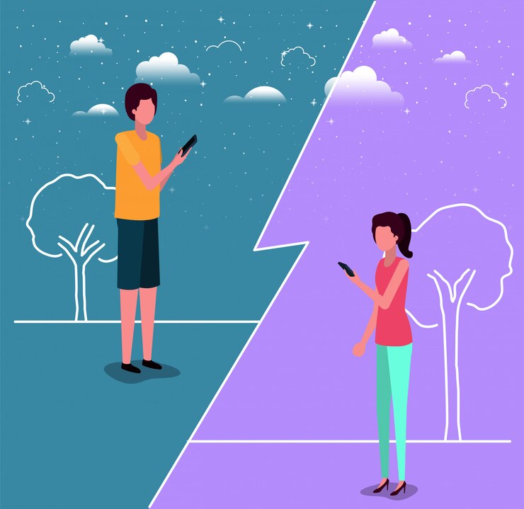 Vector pareja con teléfono inteligente en el campo