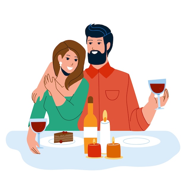 Vector pareja tiene una cena romántica con velas vector. hombre y mujer saliendo y celebrando el día de san valentín junto con velas, bebiendo vino y comiendo postre. ilustración de dibujos animados plana de personajes