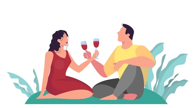 Vector una pareja tiene una cita en el parque, picnic romántico. hombre y mujer bebiendo vino.