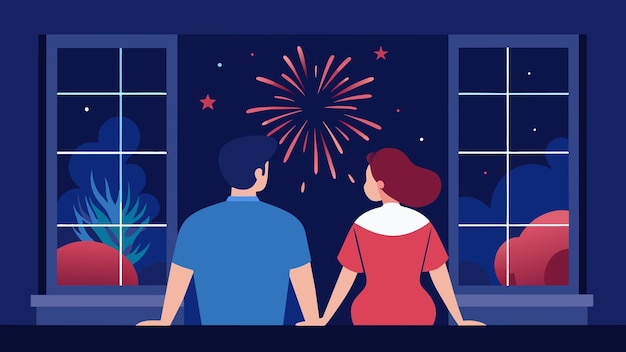 Vector la pareja toma un descanso de la costura y mira por la ventana viendo fuegos artificiales iluminar el cielo en